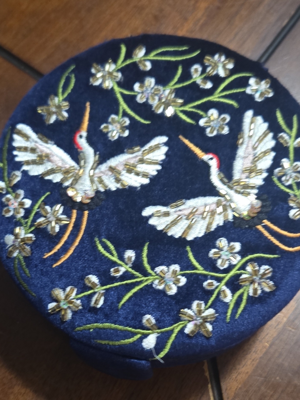 Embroidered Crane Velvet Jewelry Box - Navy